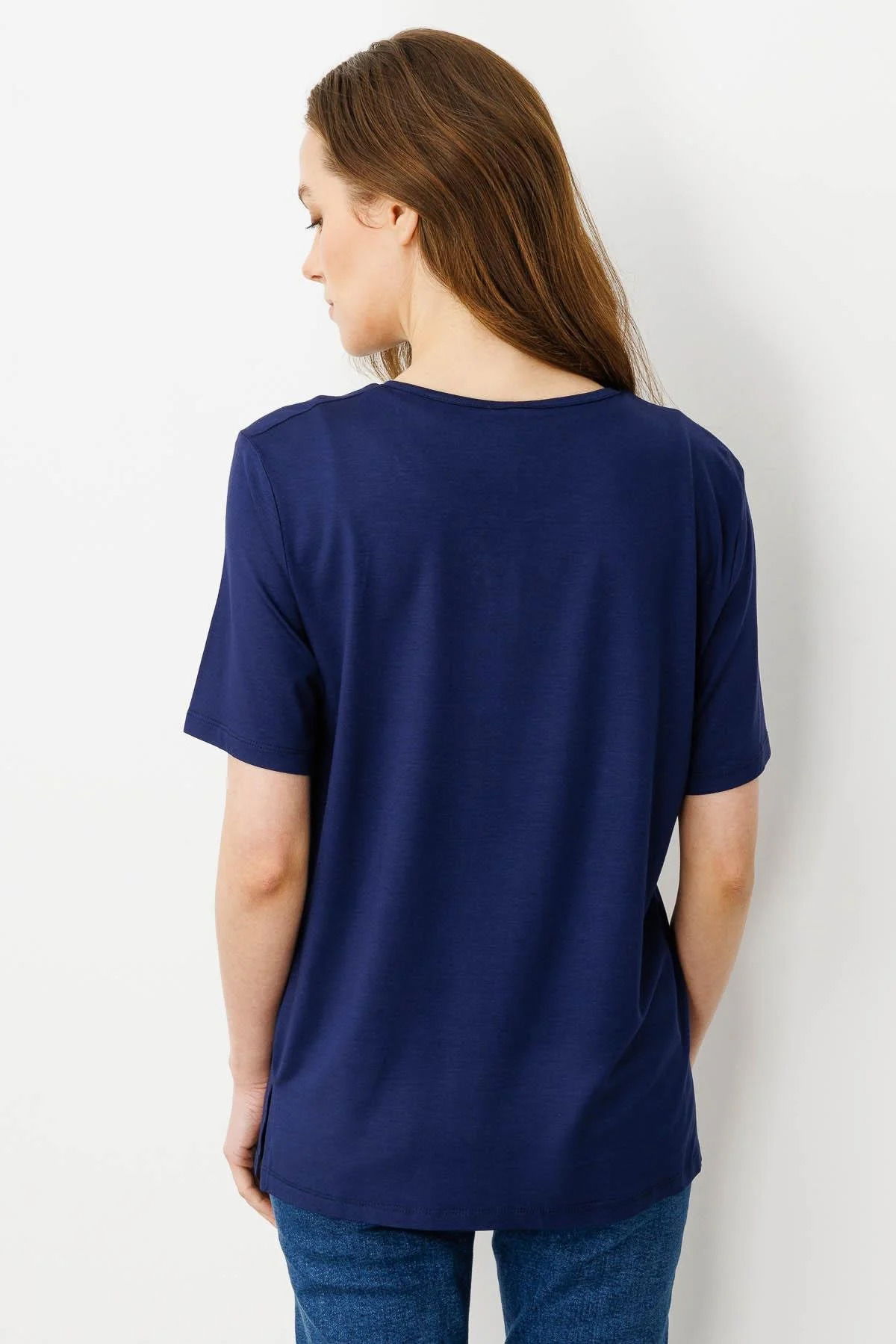 Desen Triko Kadın Açma Yaka Nakış İşlemeli T-Shirt 25703 Lacivert - 4