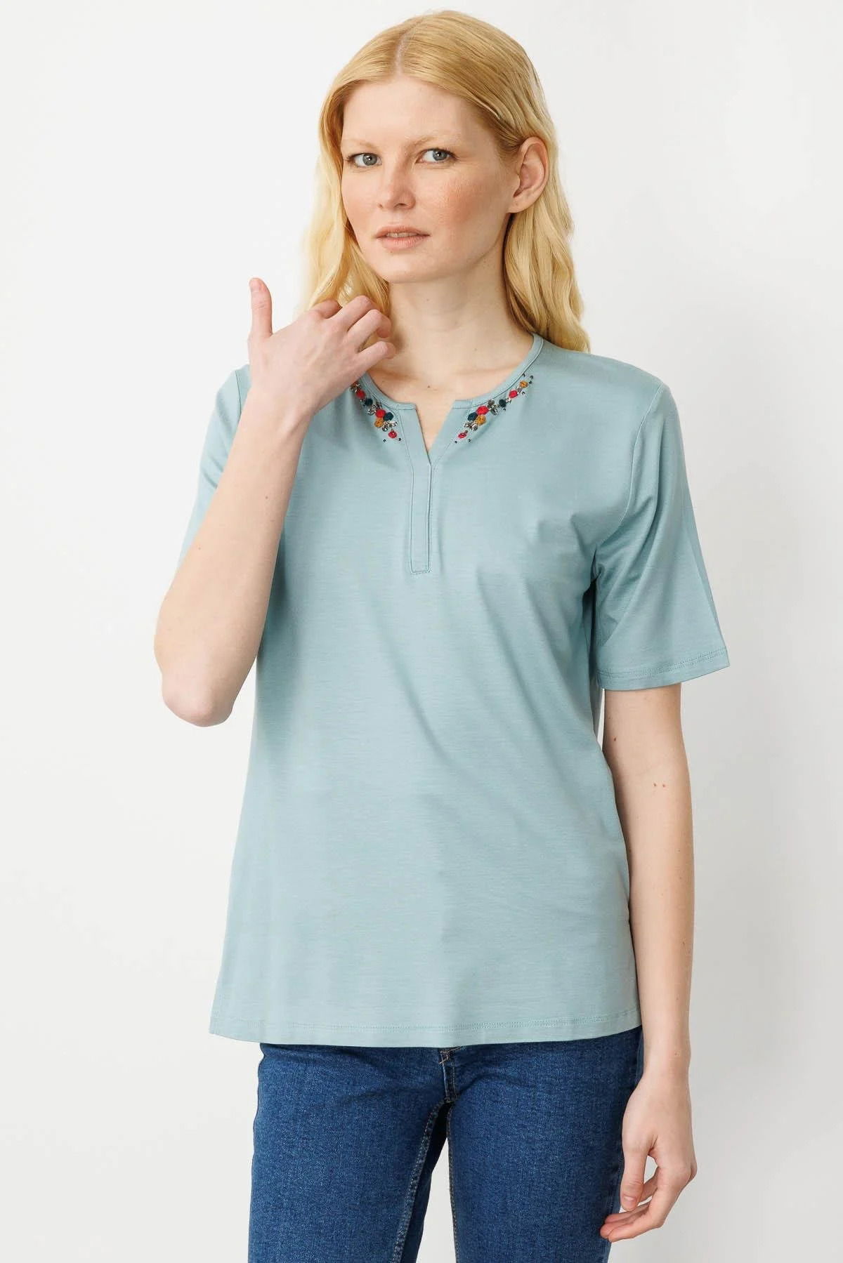 Desen Triko Kadın Açma Yaka Nakış İşlemeli T-Shirt 25703 Mint - 1