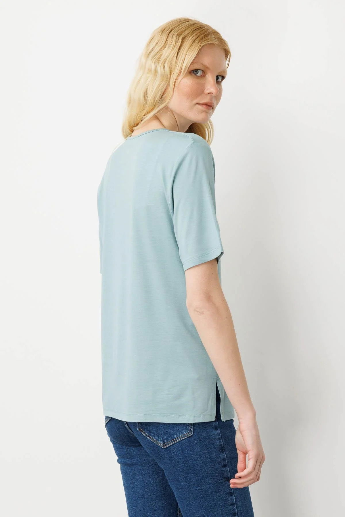 Desen Triko Kadın Açma Yaka Nakış İşlemeli T-Shirt 25703 Mint - 4