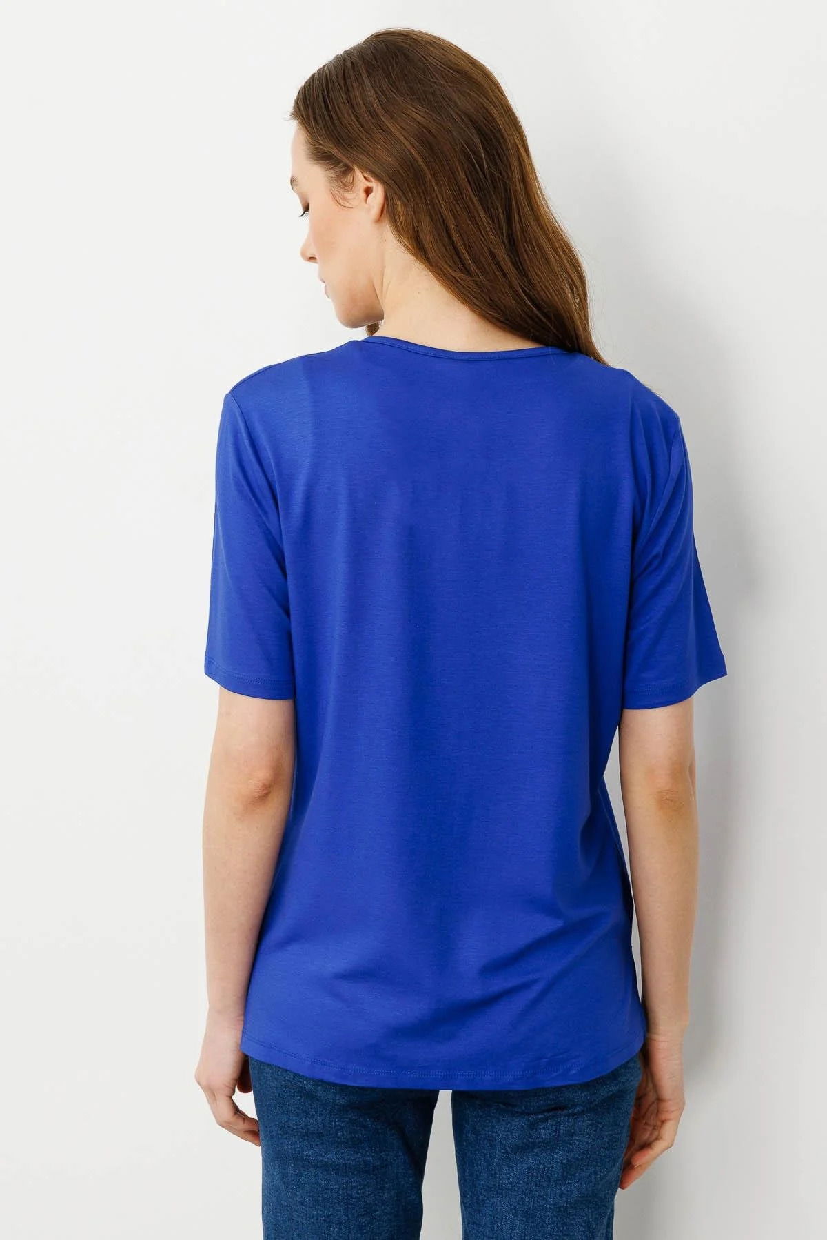 Desen Triko Kadın Açma Yaka Nakış İşlemeli T-Shirt 25703 Saks - 4