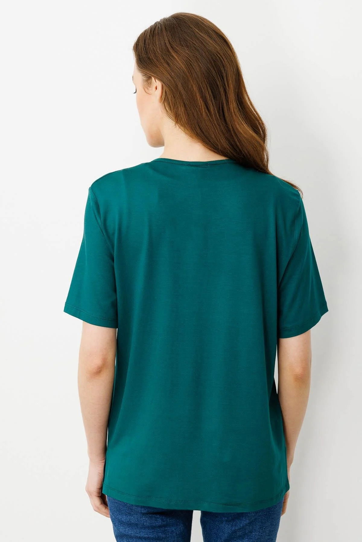 Desen Triko Kadın Açma Yaka Nakış İşlemeli T-Shirt 25703 Yeşil - 4