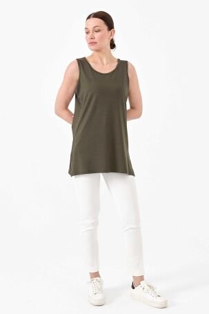 Desen Triko Kadın Askılı Penye T-Shirt 20868 Haki - 2