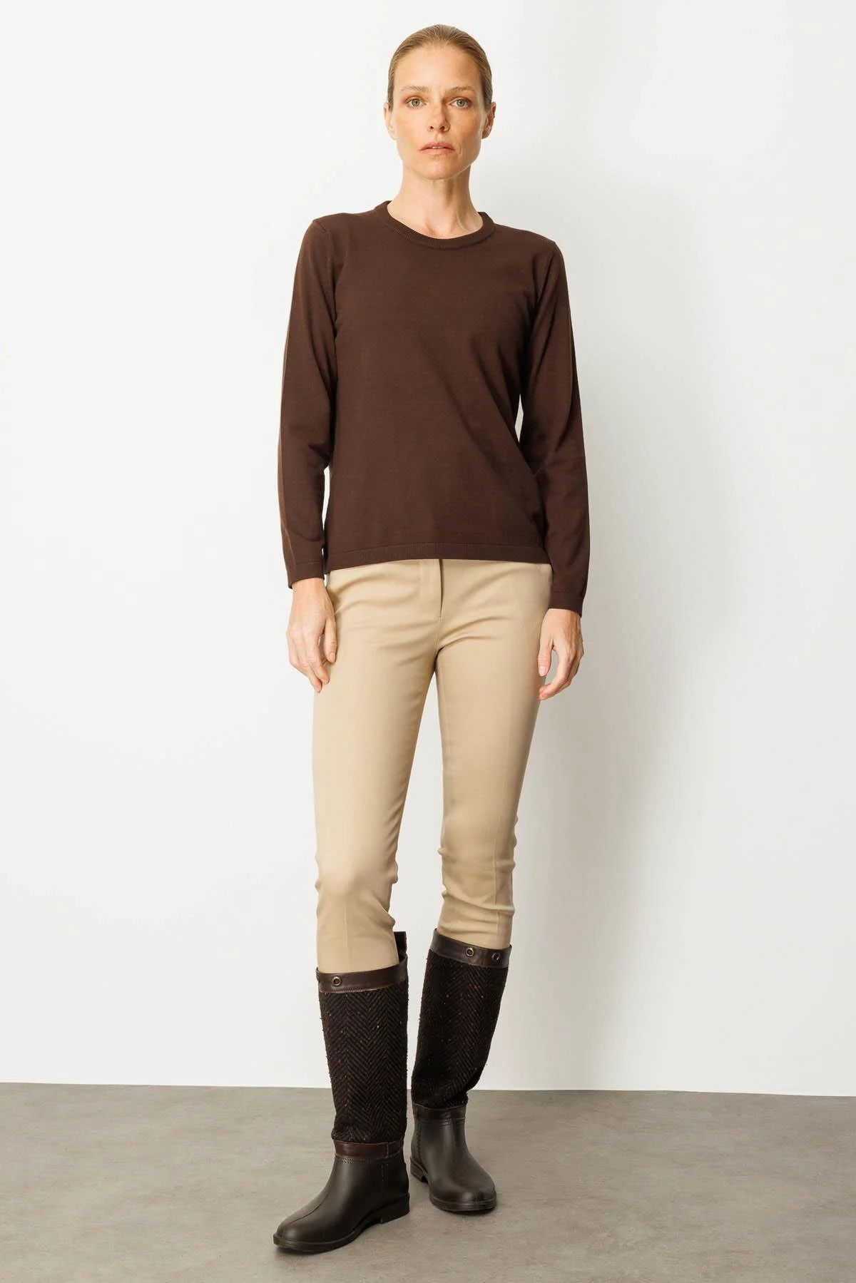 Desen Triko Kadın Basic Sıfır Yaka Kazak 0242308 Kahverengi - 3