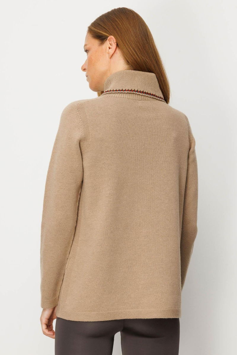 Desen Triko Kadın Degaje Yaka Cebi ve Yakası Tığlamalı Yün Kazak 25202 Bej - 4