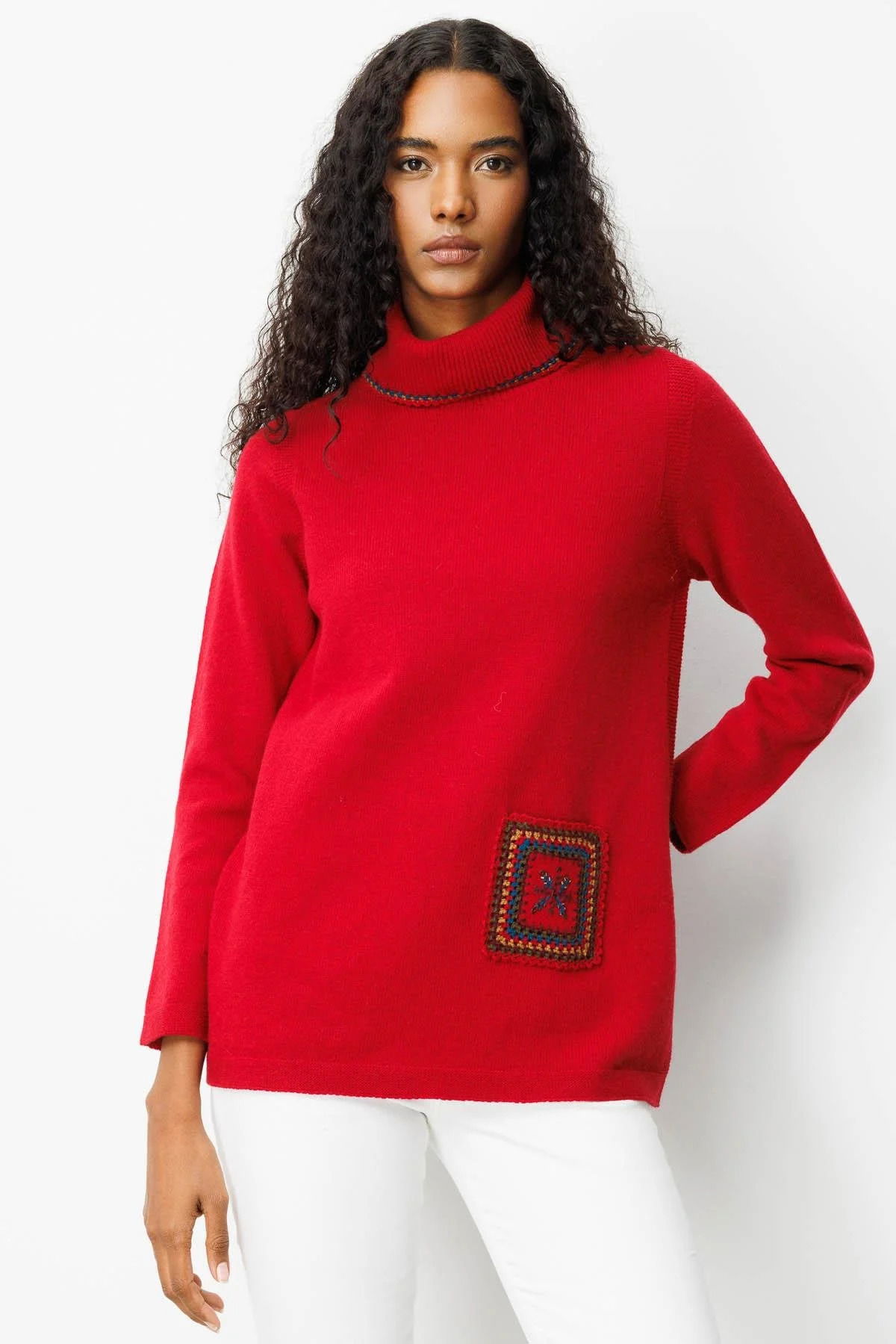 Desen Triko Kadın Degaje Yaka Cebi ve Yakası Tığlamalı Yün Kazak 25202 K.Kırmızı - 1