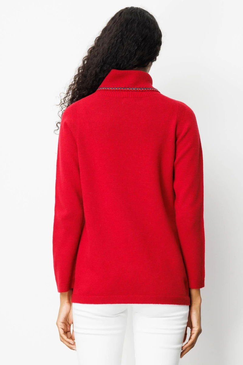 Desen Triko Kadın Degaje Yaka Cebi ve Yakası Tığlamalı Yün Kazak 25202 K.Kırmızı - 4