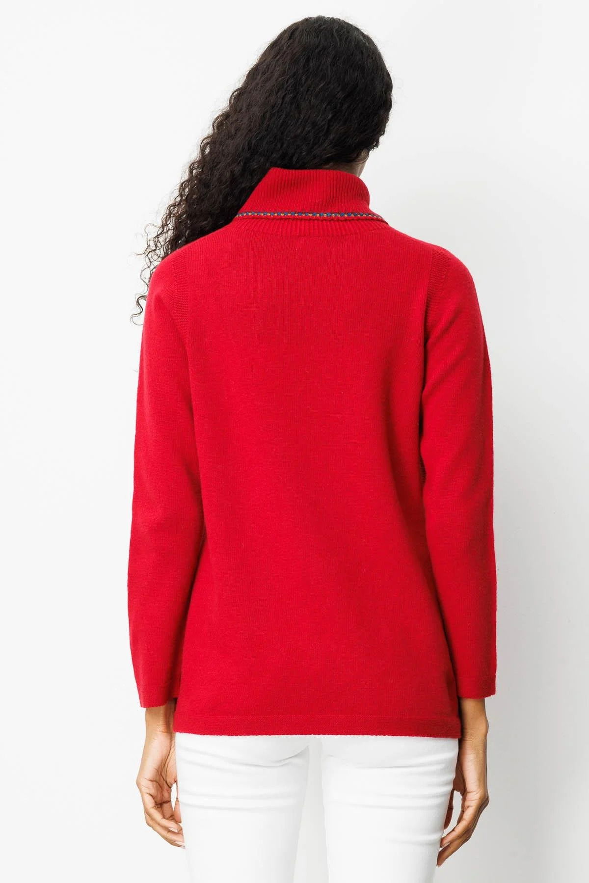 Desen Triko Kadın Degaje Yaka Cebi ve Yakası Tığlamalı Yün Kazak 25202 K.Kırmızı - 4
