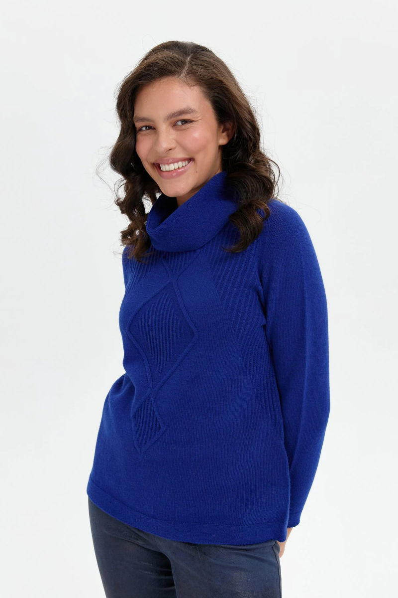 Desen Triko Kadın Degaje Yaka Dikişsiz Önü Selanik Örgü Yün Kazak 24200 K.S. Mavi - Desen Triko