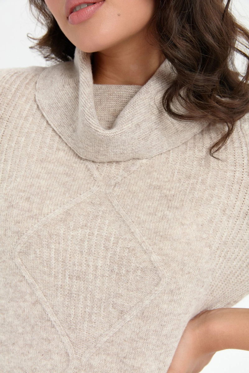 Desen Triko Kadın Degaje Yaka Dikişsiz Önü Selanik Örgü Yün Kazak 24200 V. Bej - 3