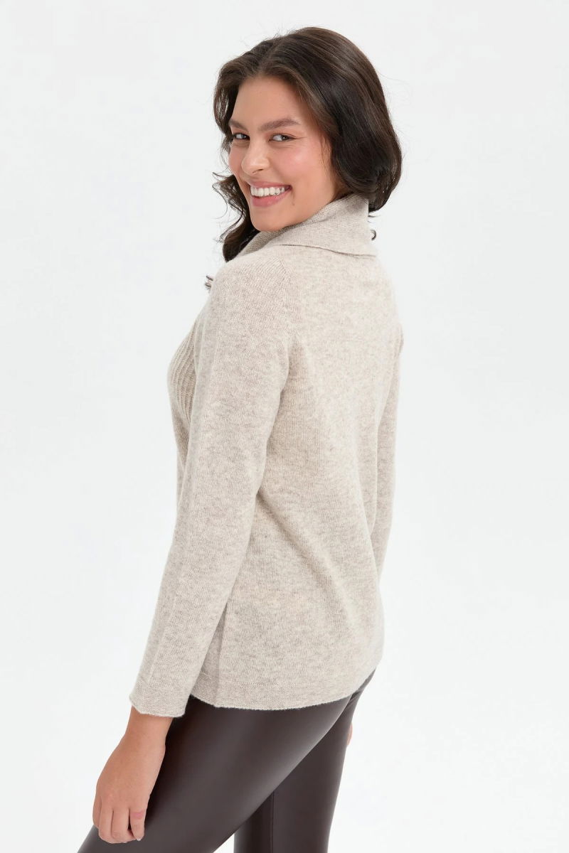 Desen Triko Kadın Degaje Yaka Dikişsiz Önü Selanik Örgü Yün Kazak 24200 V. Bej - 4