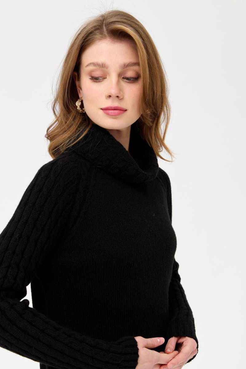 Desen Triko Kadın Degaje Yaka Kolu ve Yakası Saç Örgü Yün Kazak 23202 Siyah - Desen Triko