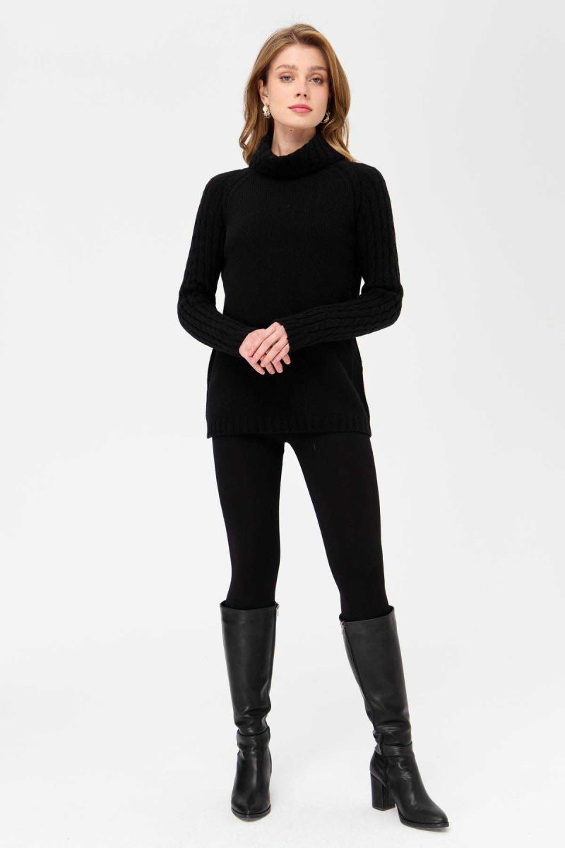 Desen Triko Kadın Degaje Yaka Kolu ve Yakası Saç Örgü Yün Kazak 23202 Siyah - 2