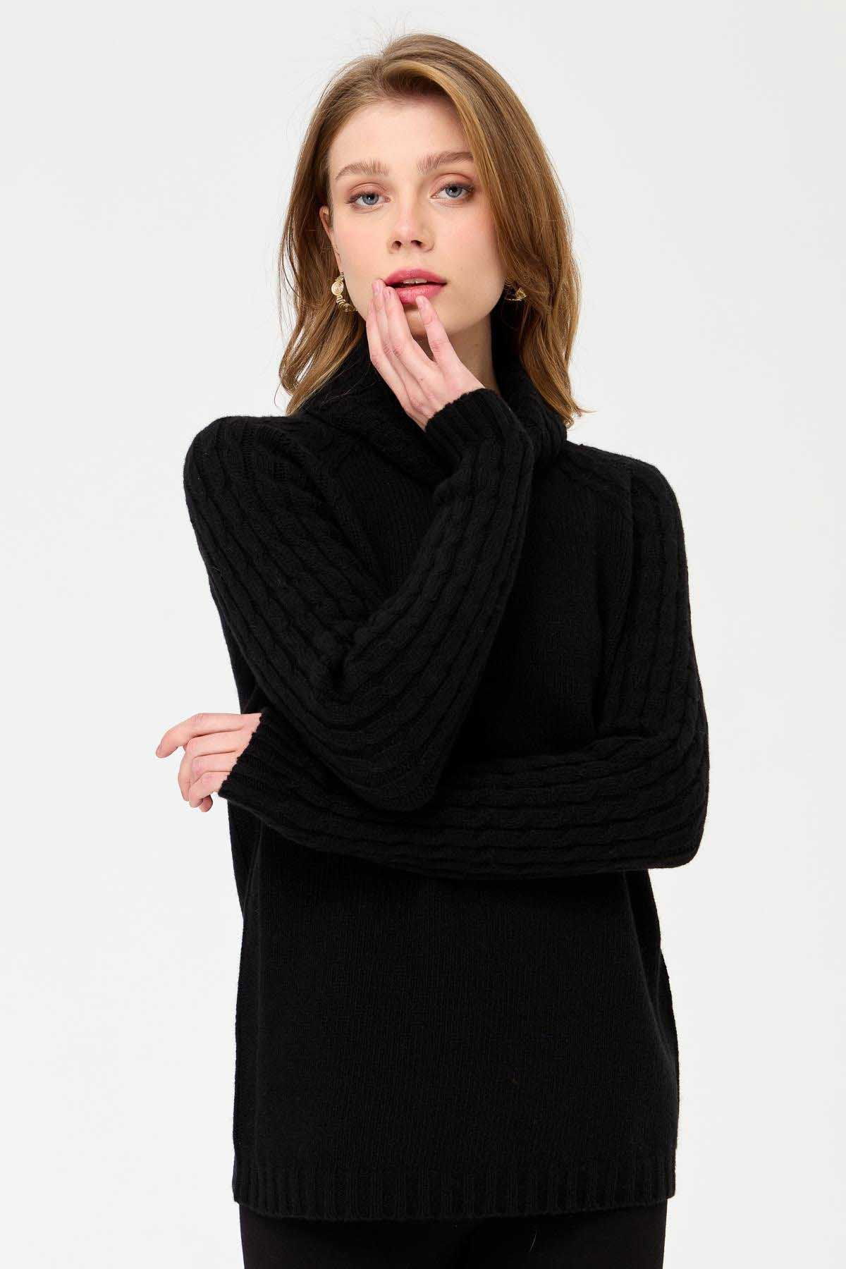 Desen Triko Kadın Degaje Yaka Kolu ve Yakası Saç Örgü Yün Kazak 23202 Siyah - 3