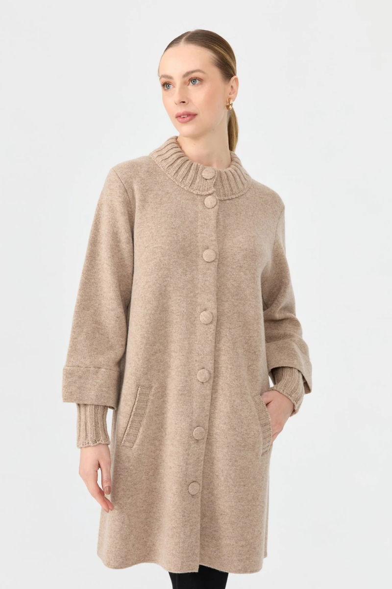 Desen Triko Kadın Dik Yaka Basic Uzun Yün Kaban 24045 Bej - 2