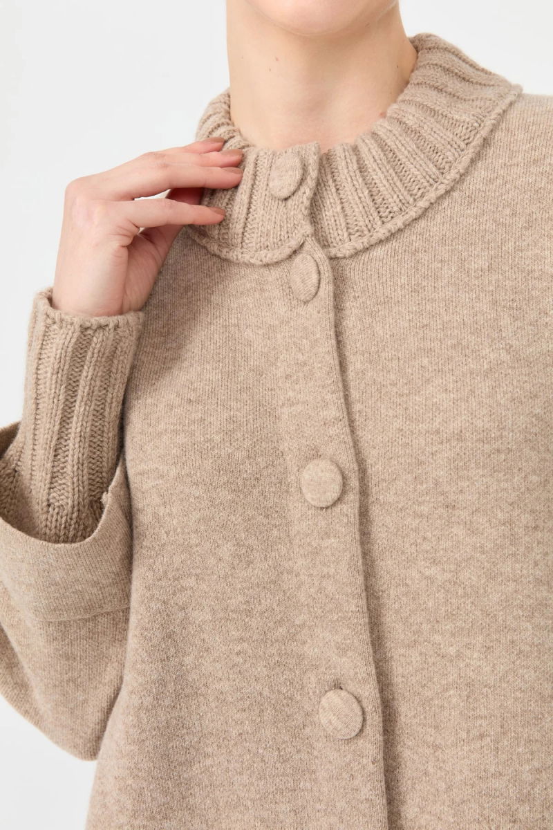 Desen Triko Kadın Dik Yaka Basic Uzun Yün Kaban 24045 Bej - 3