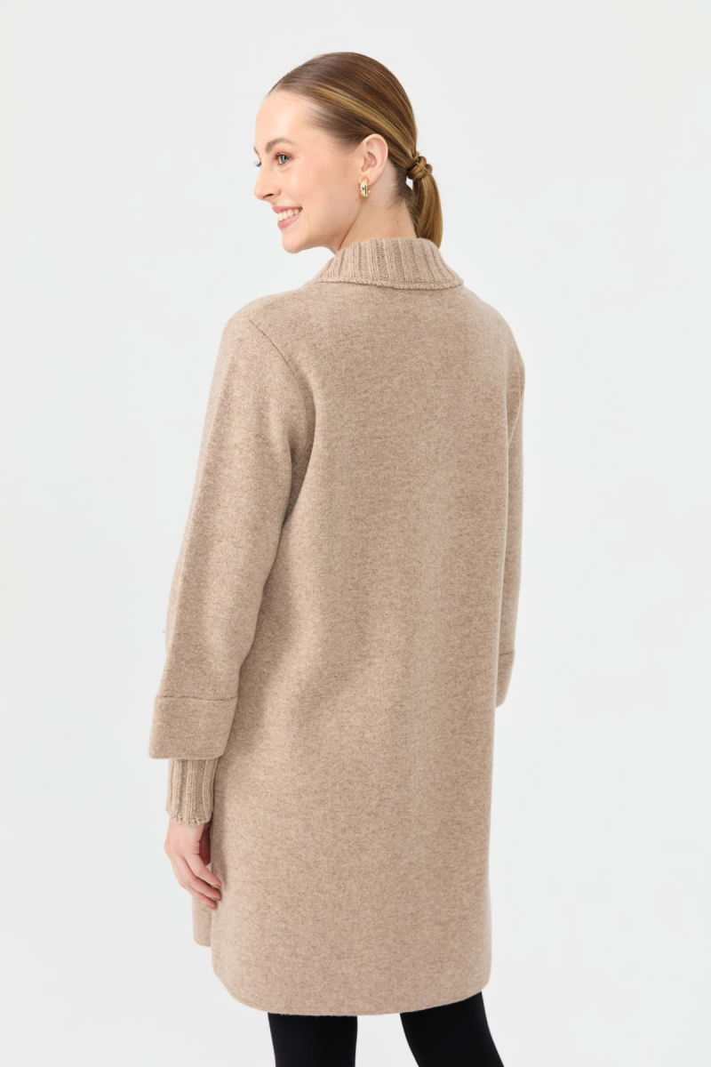 Desen Triko Kadın Dik Yaka Basic Uzun Yün Kaban 24045 Bej - 4