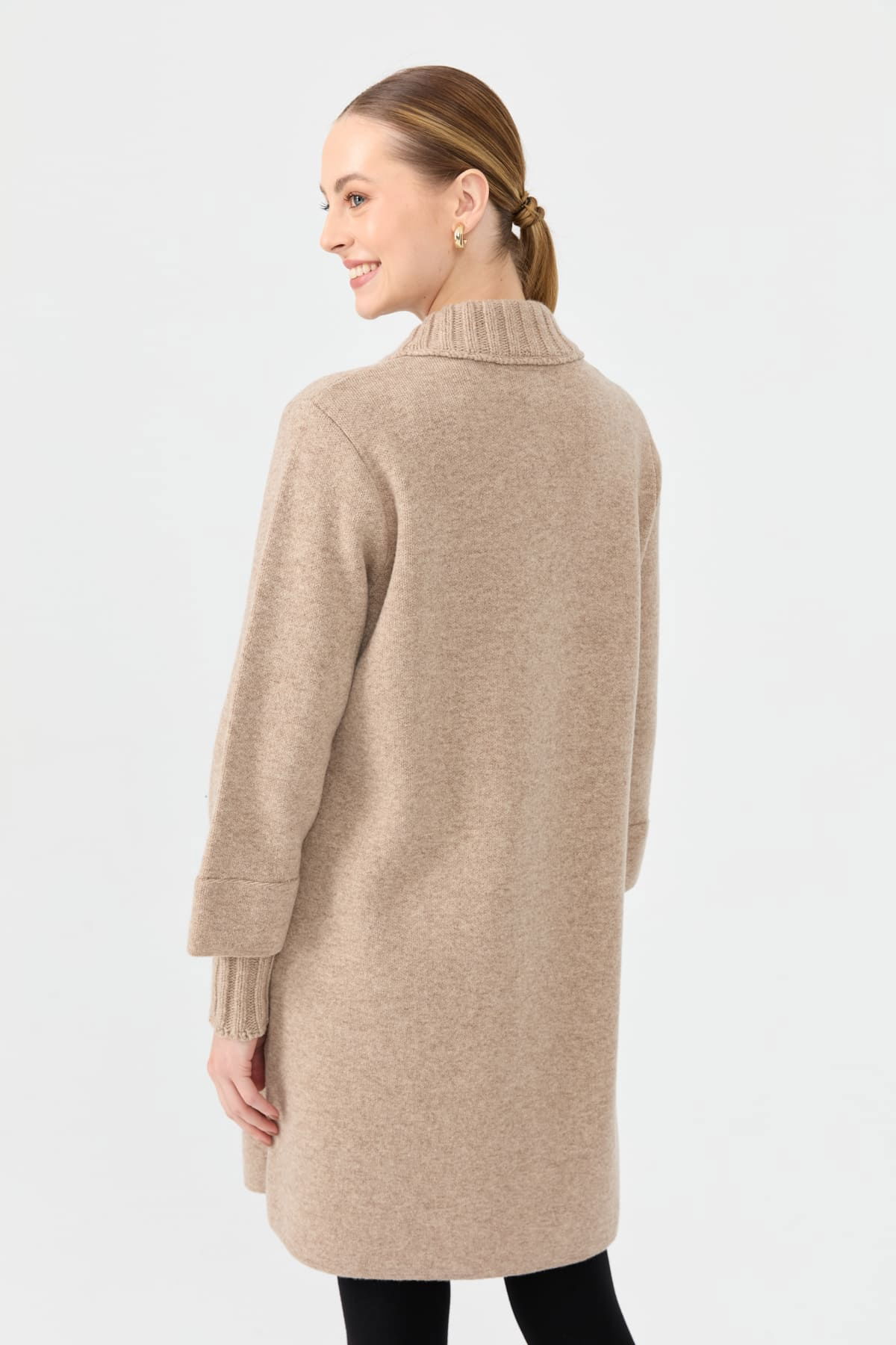 Desen Triko Kadın Dik Yaka Basic Uzun Yün Kaban 24045 Bej - 4