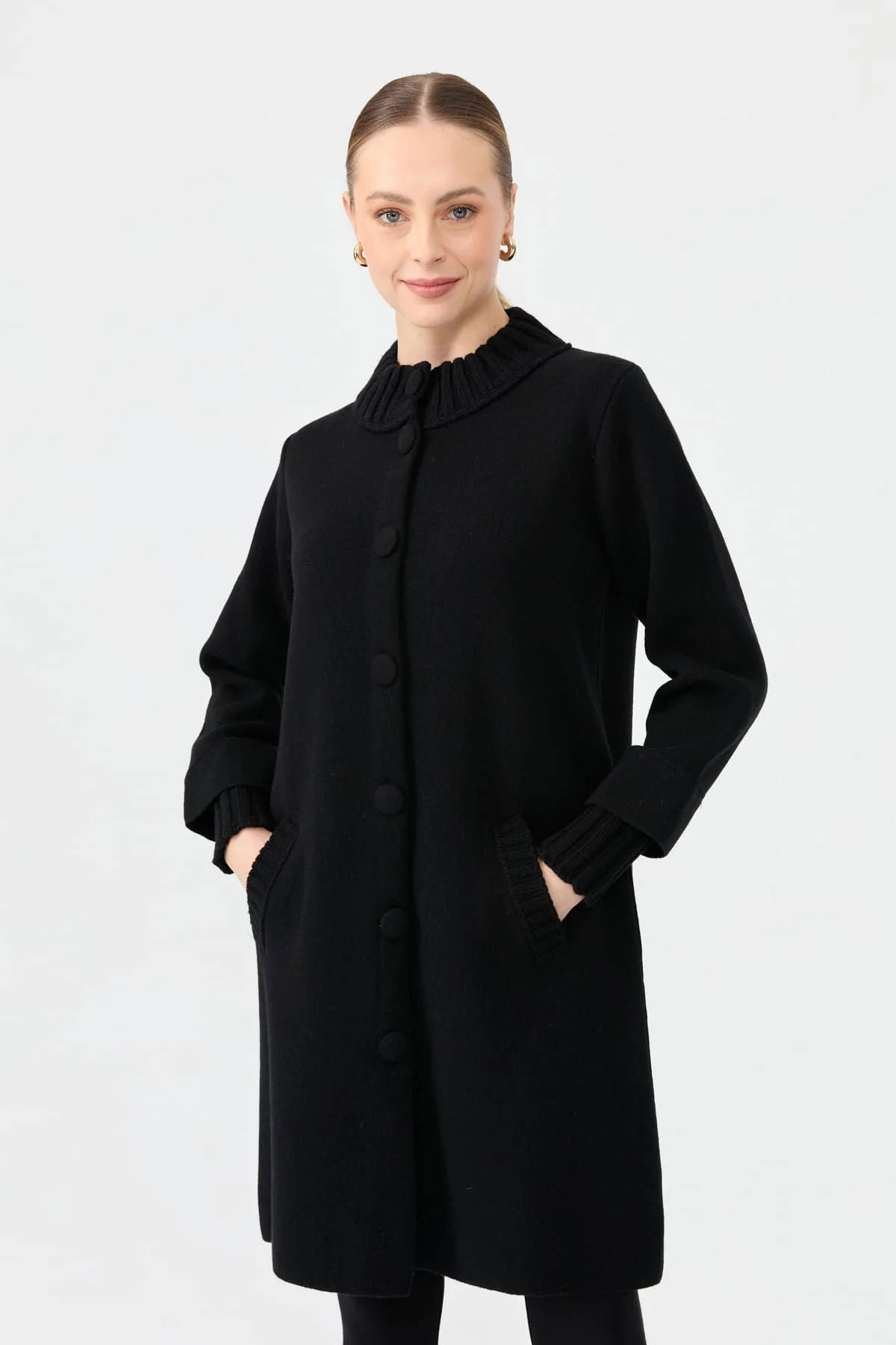 Desen Triko Kadın Dik Yaka Basic Uzun Yün Kaban 24045 Siyah - 2