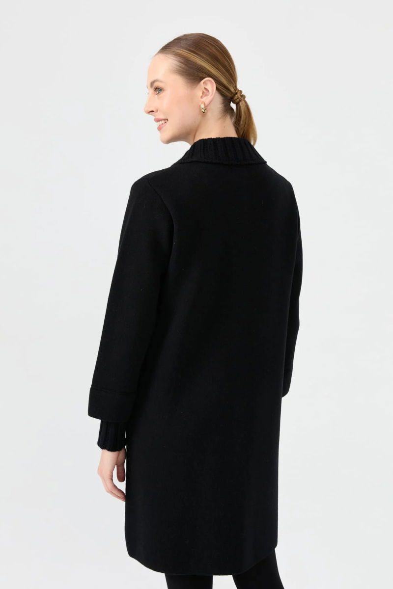 Desen Triko Kadın Dik Yaka Basic Uzun Yün Kaban 24045 Siyah - 4