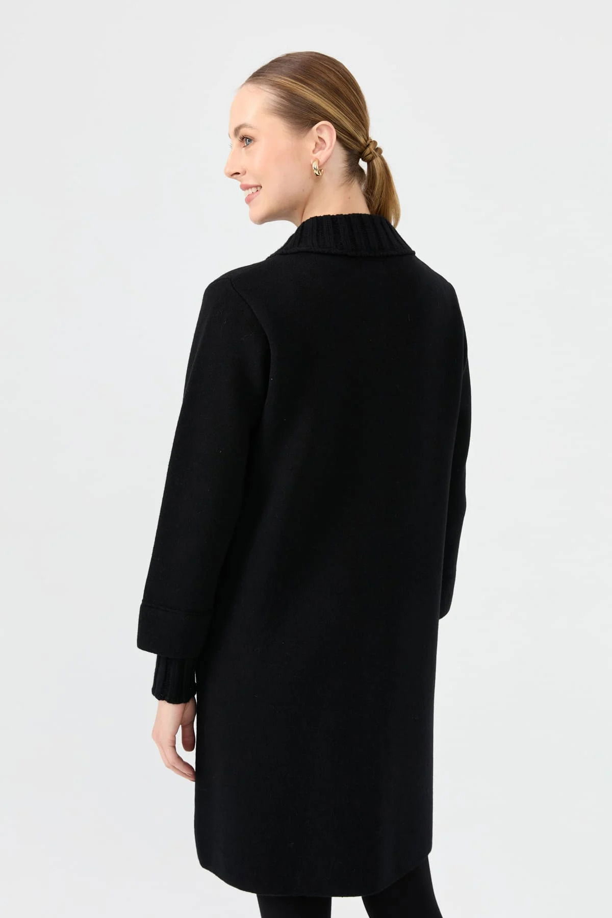 Desen Triko Kadın Dik Yaka Basic Uzun Yün Kaban 24045 Siyah - 4