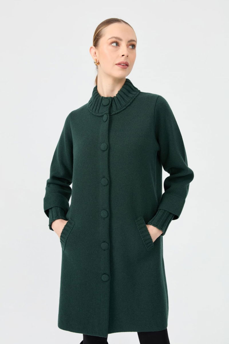 Desen Triko Kadın Dik Yaka Basic Uzun Yün Kaban 24045 Yeşil - 2
