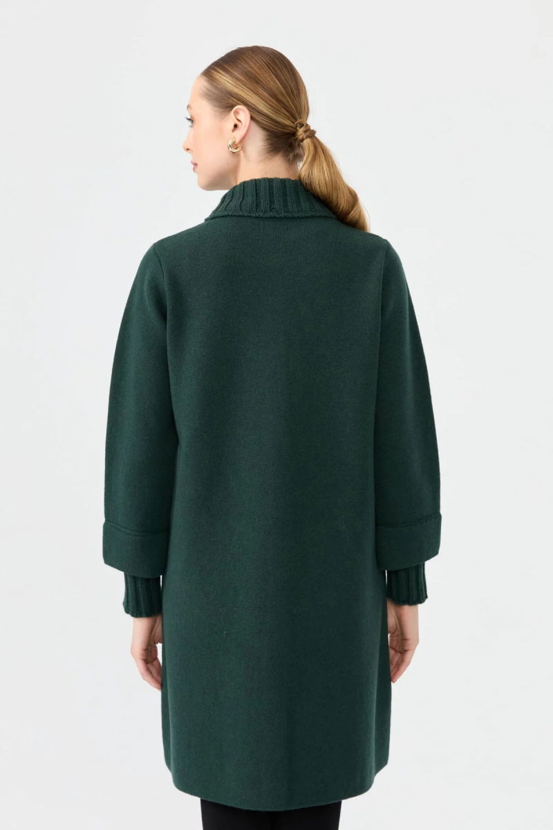 Desen Triko Kadın Dik Yaka Basic Uzun Yün Kaban 24045 Yeşil - 4