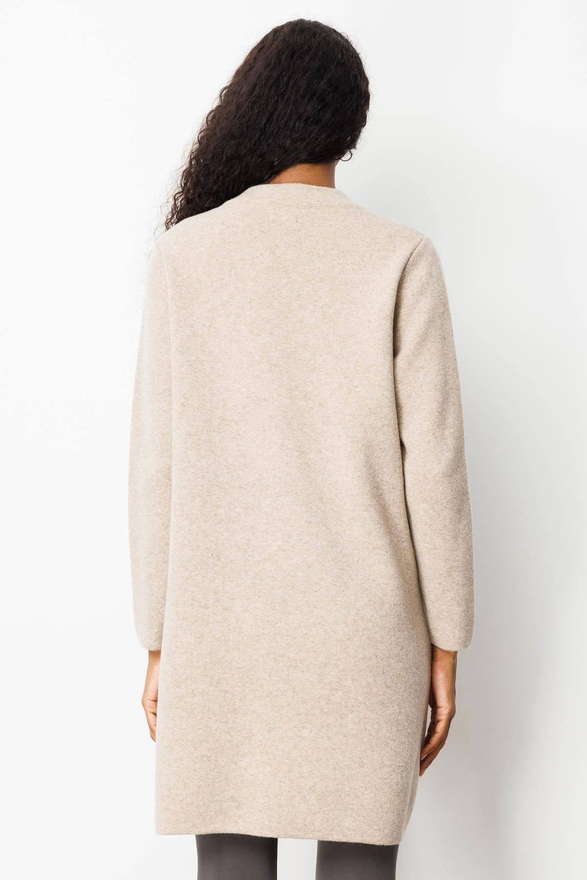 Desen Triko Kadın Dik Yaka Cebi Tığlamalı Uzun Yün Kaban 25023 K. Bej - 4