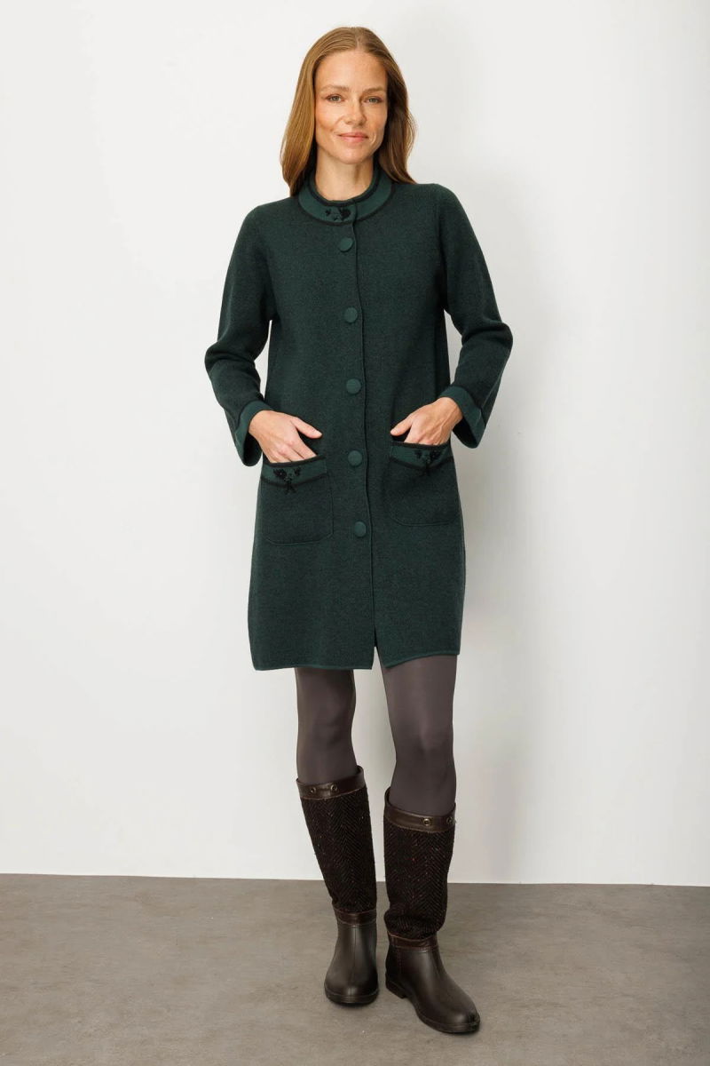 Desen Triko Kadın Dik Yaka Kolu ve Cebi Nakış İşlemeli Uzun Yün Kaban 25034 Yeşil - 2