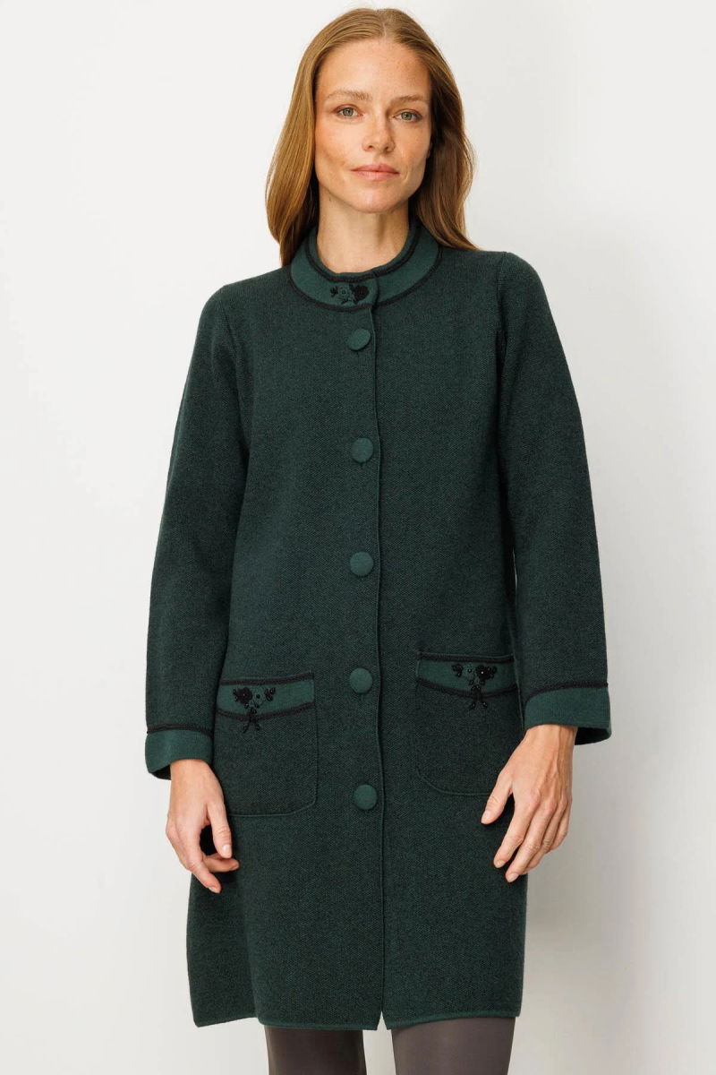 Desen Triko Kadın Dik Yaka Kolu ve Cebi Nakış İşlemeli Uzun Yün Kaban 25034 Yeşil - 3