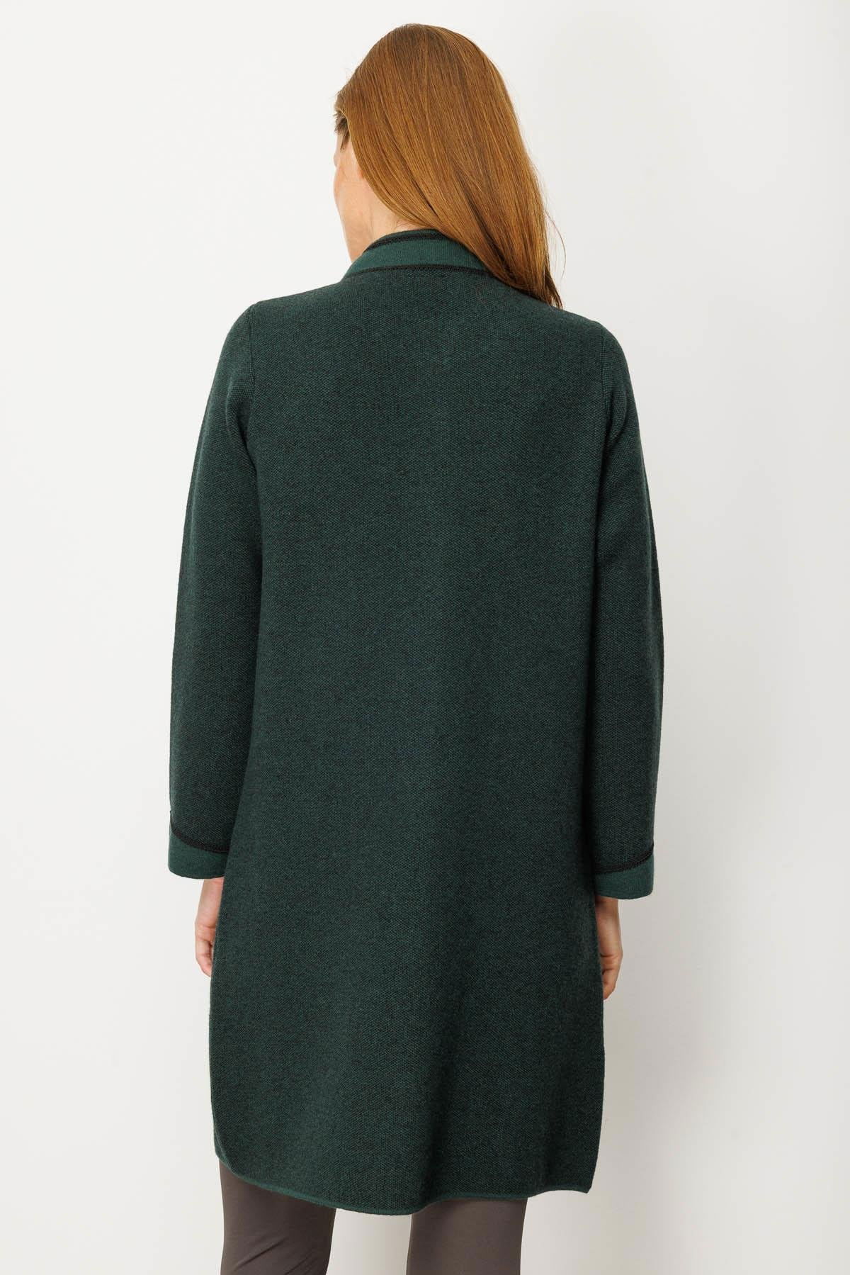 Desen Triko Kadın Dik Yaka Kolu ve Cebi Nakış İşlemeli Uzun Yün Kaban 25034 Yeşil - 4