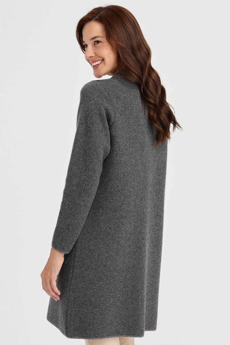 Desen Triko Kadın Dik Yaka Omzu ve Cebi İşlemeli Uzun Yün Kaban 23007 Füme - 4