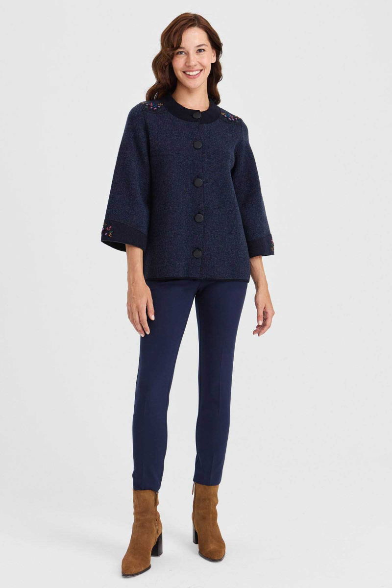 Desen Triko Kadın Dik Yaka Omzu ve Kolu Keçe İşlemeli Yün Ceket 23006 Koyu Lacivert - 2