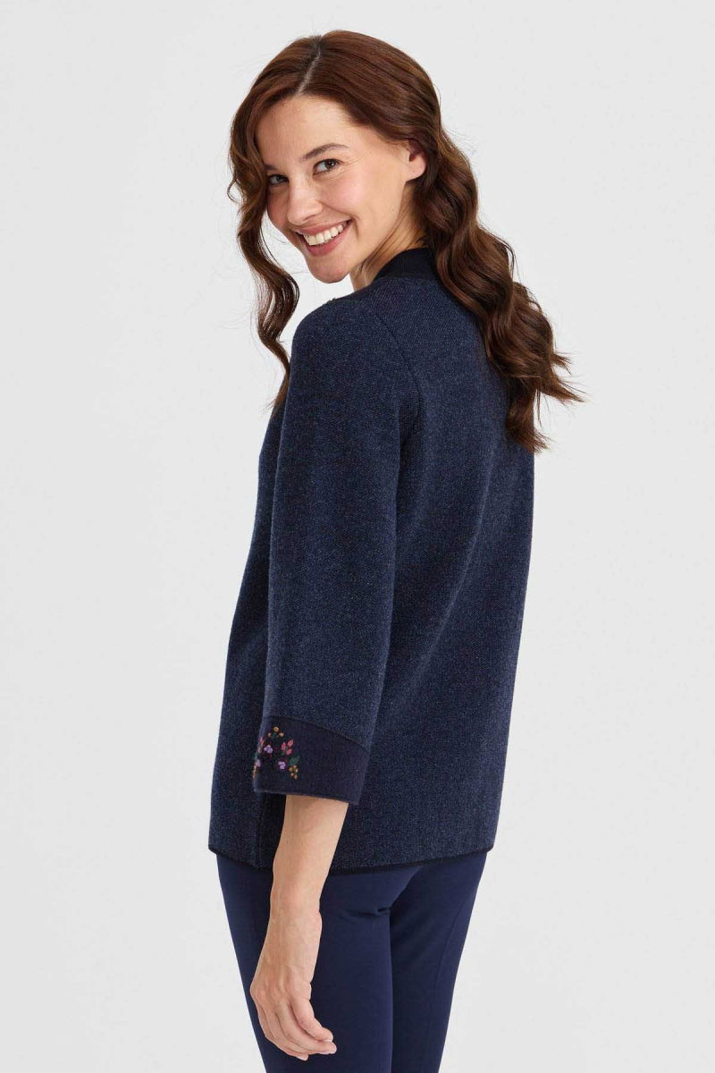 Desen Triko Kadın Dik Yaka Omzu ve Kolu Keçe İşlemeli Yün Ceket 23006 Koyu Lacivert - 4