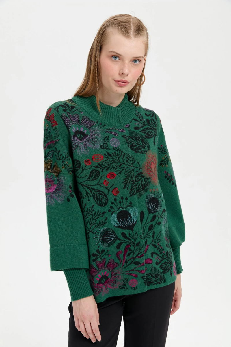 Desen Triko Kadın Dik Yaka Önü Renkli Çiçekli Kısa Yün Ceket 24050 Ö. Başı - Desen Triko