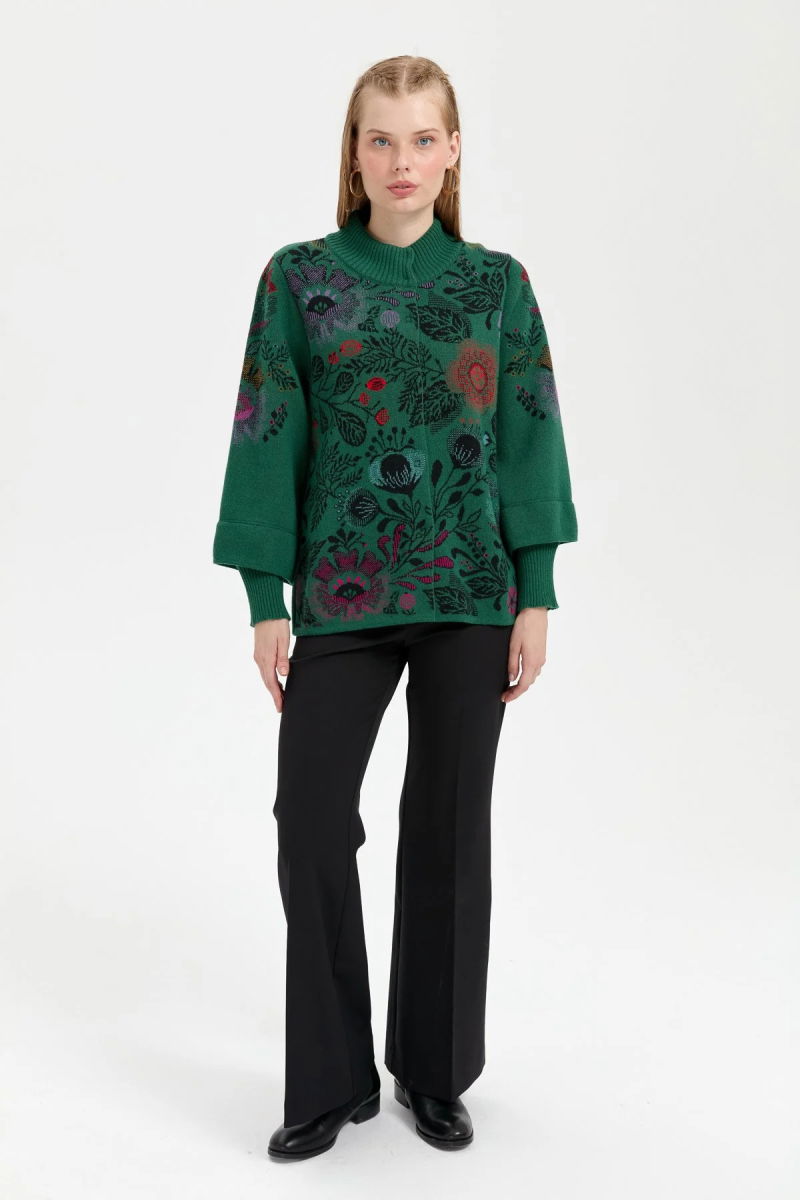 Desen Triko Kadın Dik Yaka Önü Renkli Çiçekli Kısa Yün Ceket 24050 Ö. Başı - 2