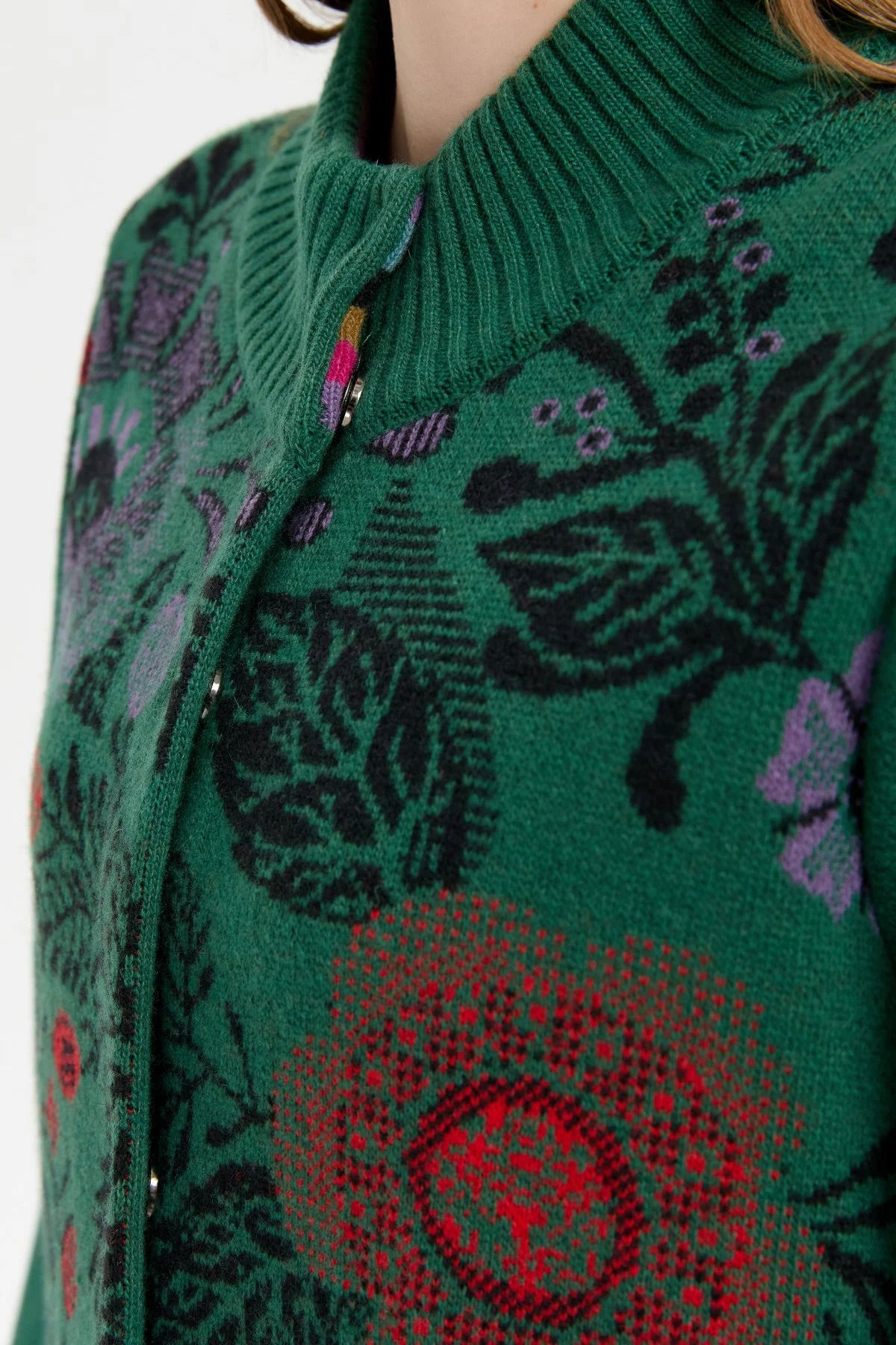 Desen Triko Kadın Dik Yaka Önü Renkli Çiçekli Kısa Yün Ceket 24050 Ö. Başı - 3