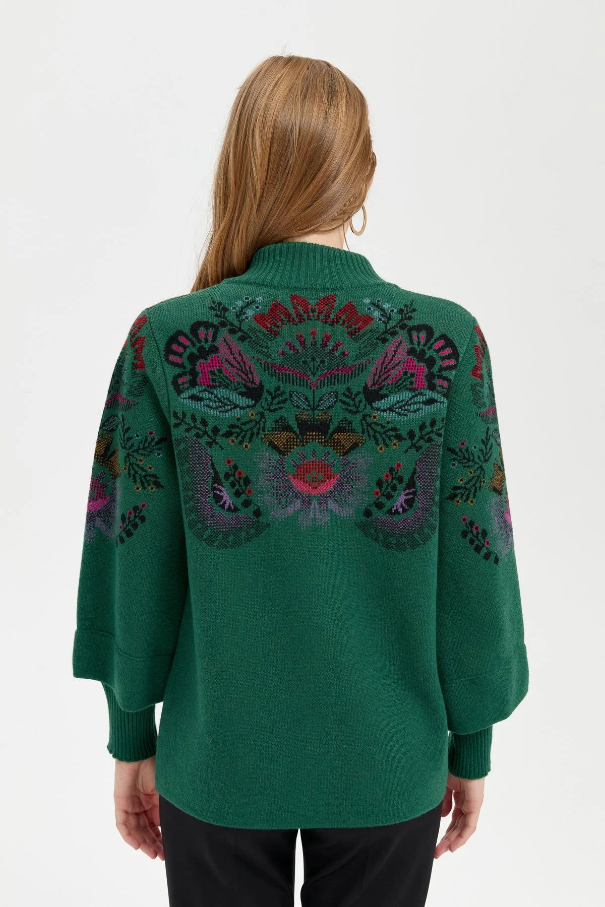 Desen Triko Kadın Dik Yaka Önü Renkli Çiçekli Kısa Yün Ceket 24050 Ö. Başı - 4