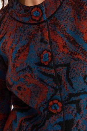 Desen Triko Kadın Dik Yaka Renkli Dalga Desenli Yün Ceket 23125 Siyah - 4