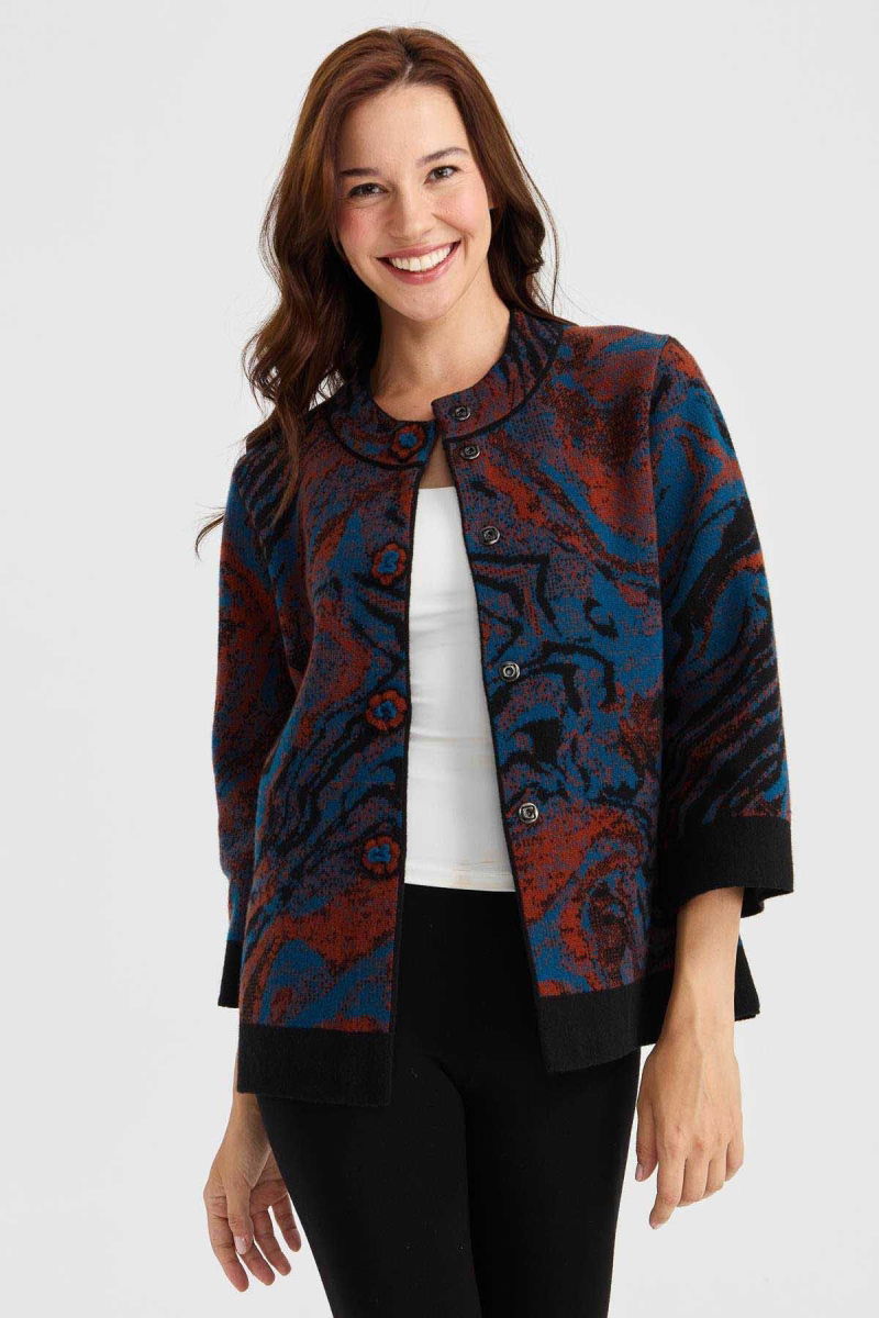 Desen Triko Kadın Dik Yaka Renkli Dalga Desenli Yün Ceket 23125 Siyah - Desen Triko