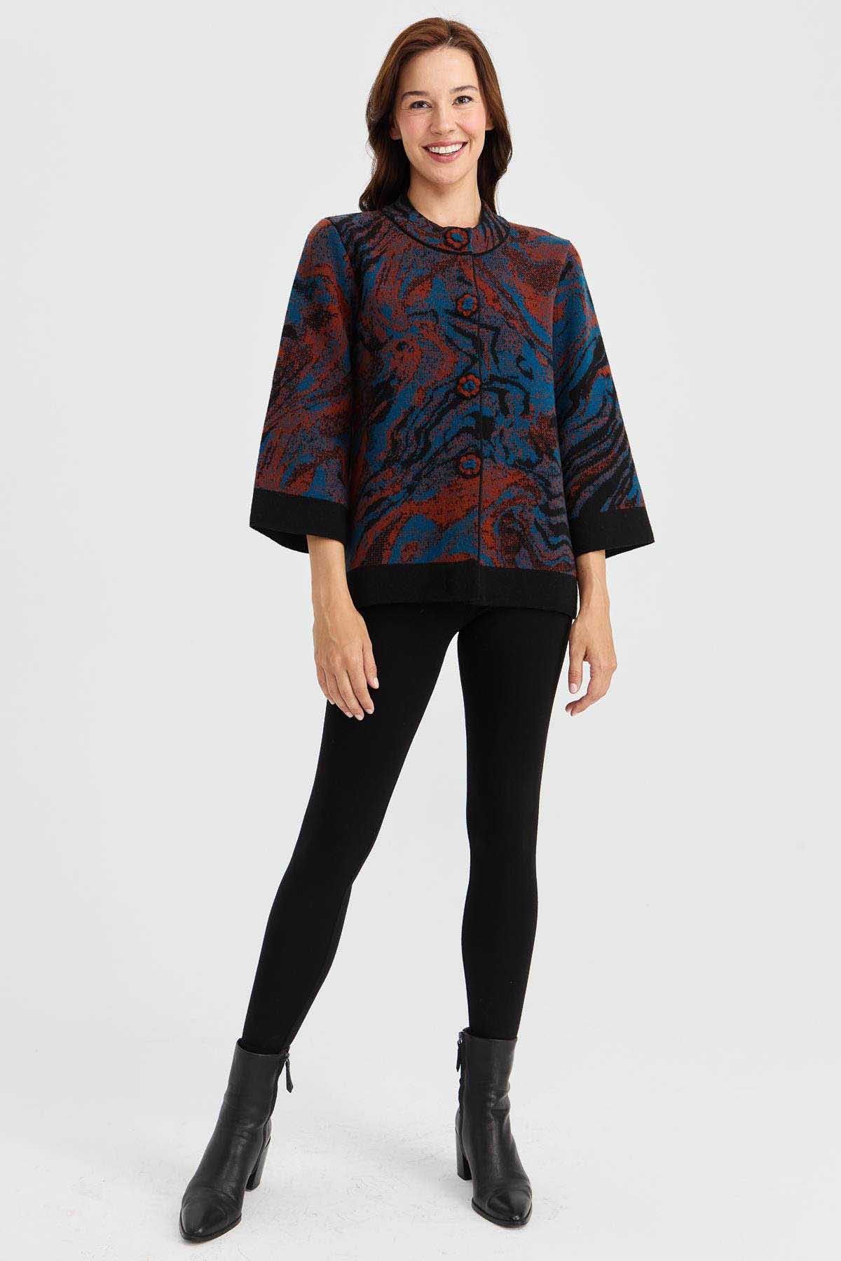 Desen Triko Kadın Dik Yaka Renkli Dalga Desenli Yün Ceket 23125 Siyah - 2