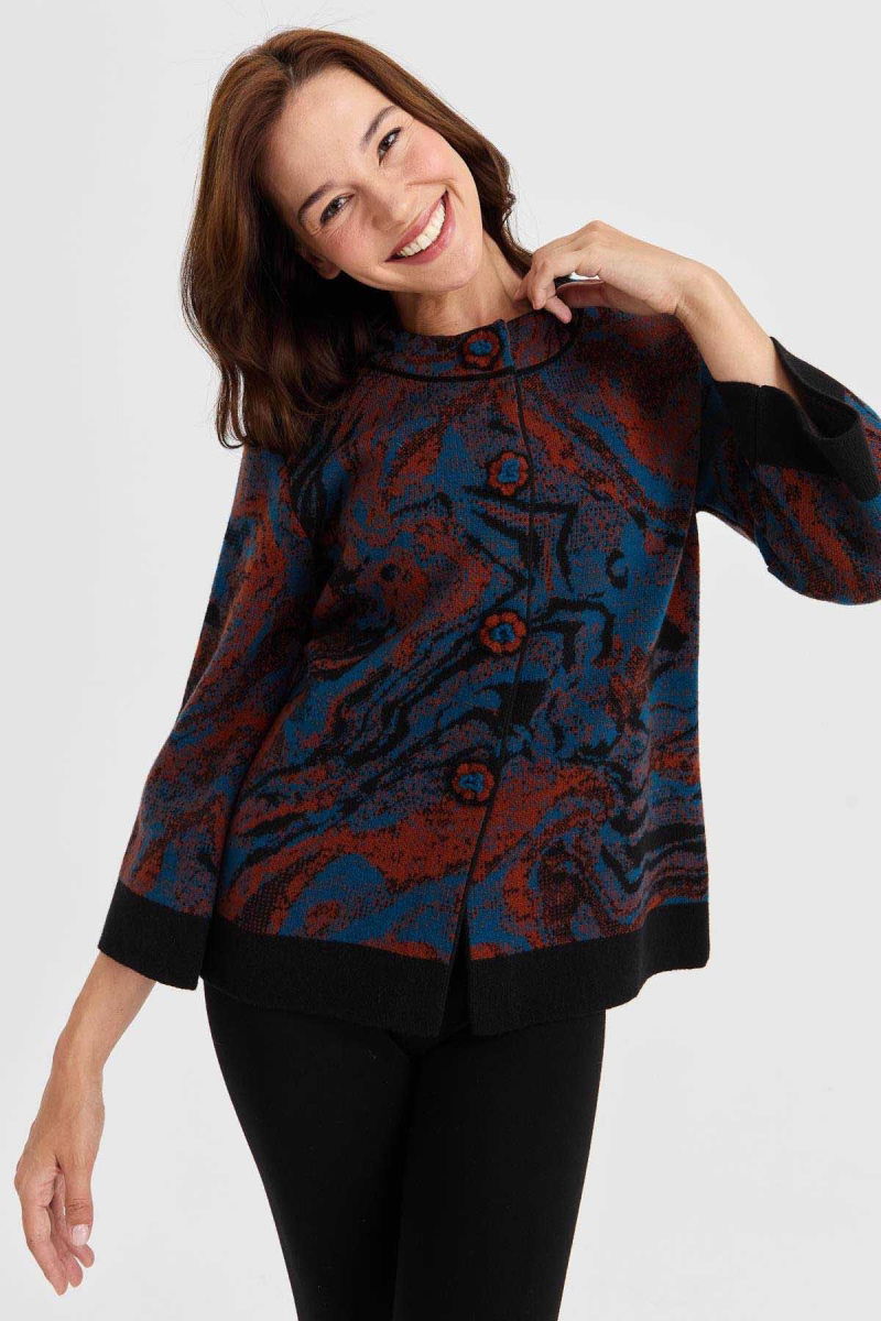Desen Triko Kadın Dik Yaka Renkli Dalga Desenli Yün Ceket 23125 Siyah - 3