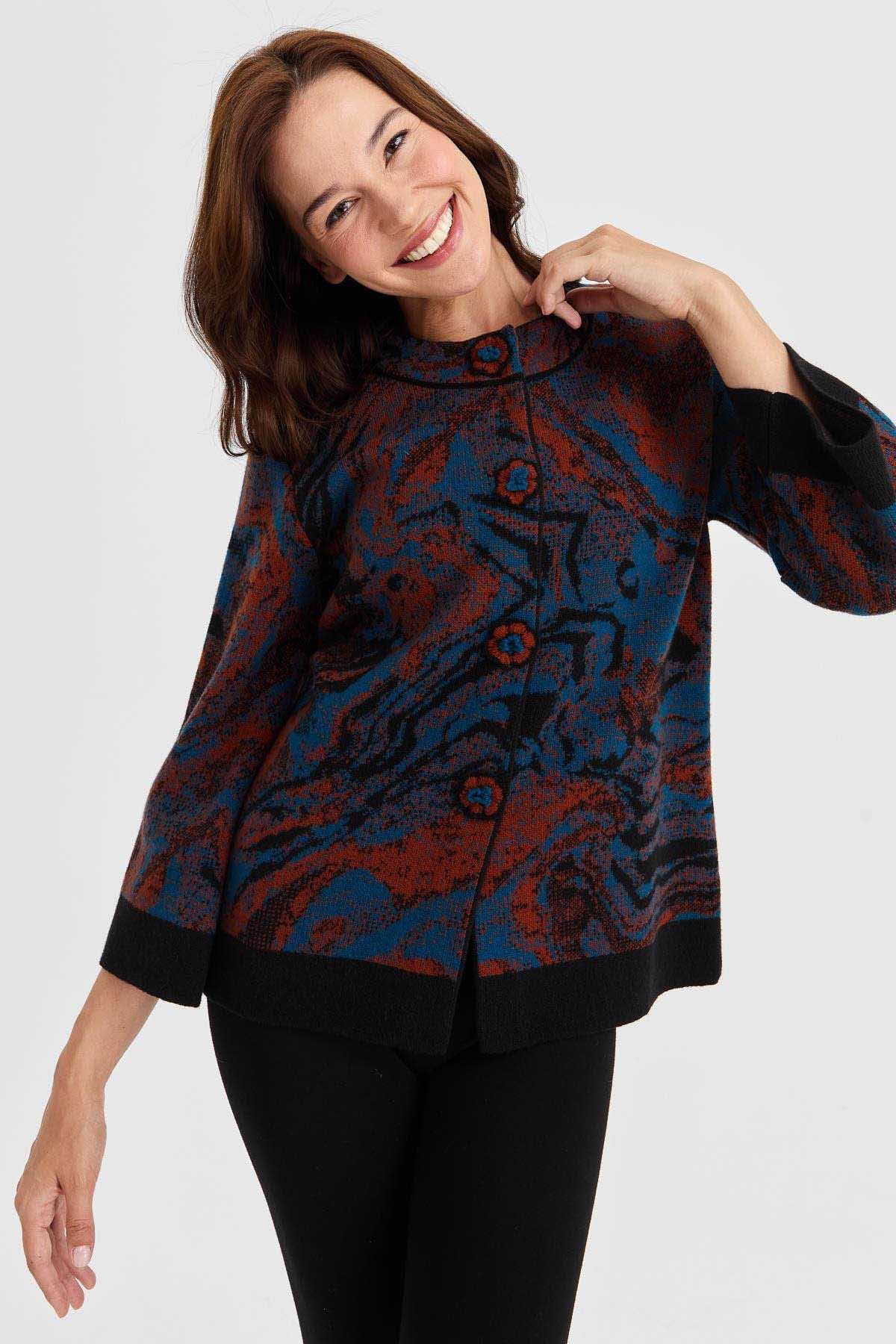 Desen Triko Kadın Dik Yaka Renkli Dalga Desenli Yün Ceket 23125 Siyah - 3