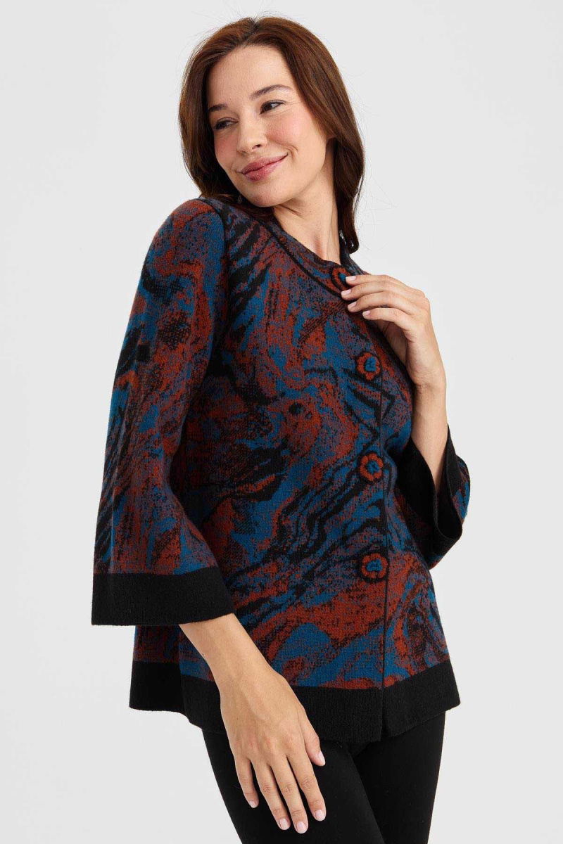 Desen Triko Kadın Dik Yaka Renkli Dalga Desenli Yün Ceket 23125 Siyah - 5