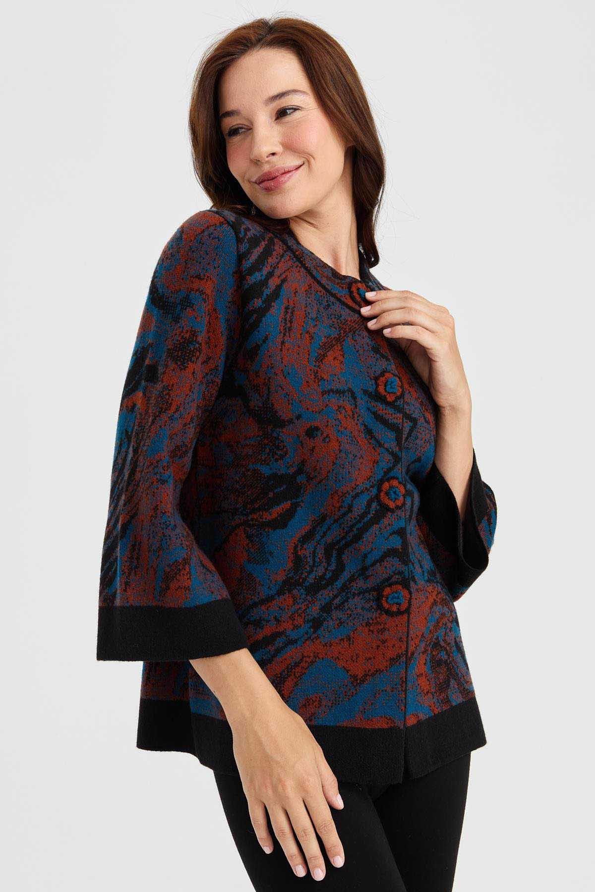 Desen Triko Kadın Dik Yaka Renkli Dalga Desenli Yün Ceket 23125 Siyah - 5