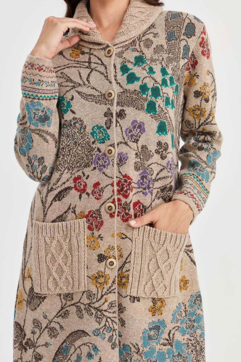 Desen Triko Kadın Dik Yaka Sarmaşık Çiçekli Uzun Yün Kaban 30189 K. Bej - 3
