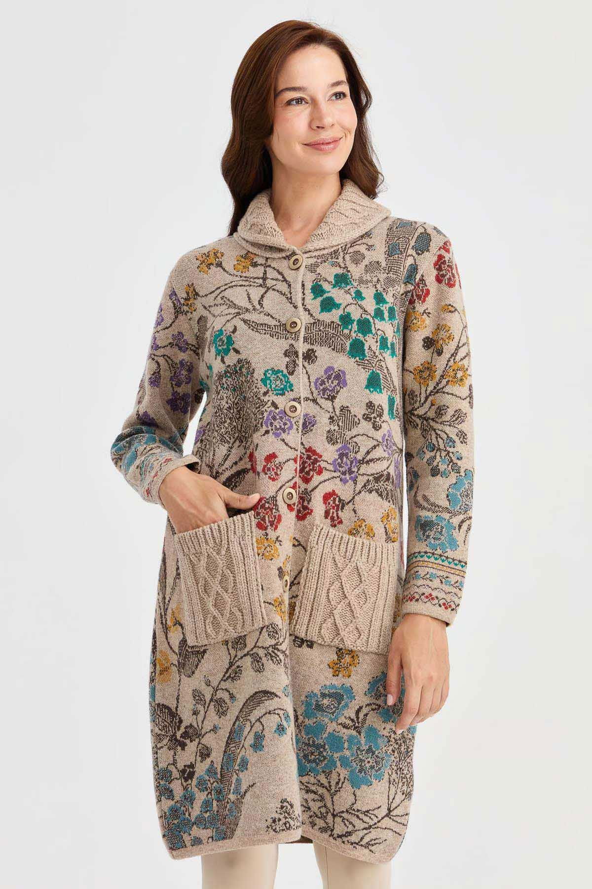 Desen Triko Kadın Dik Yaka Sarmaşık Çiçekli Uzun Yün Kaban 30189 K. Bej - 4