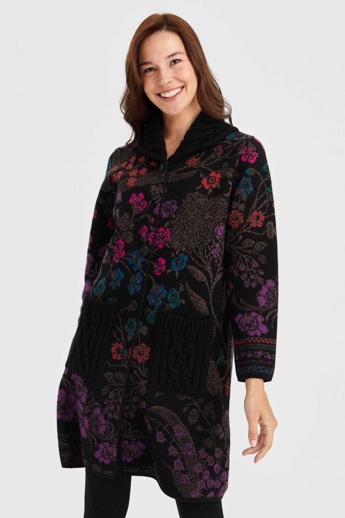 Desen Triko Kadın Dik Yaka Sarmaşık Çiçekli Uzun Yün Kaban 30189 Siyah - 1