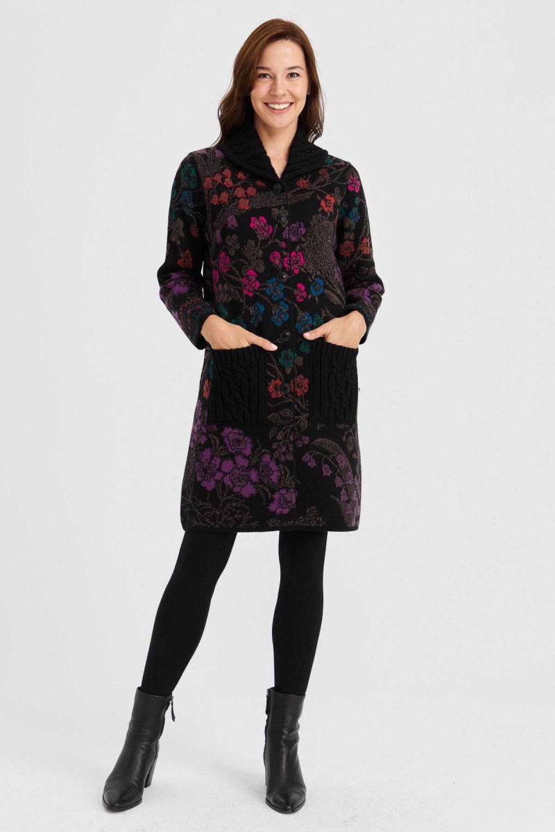 Desen Triko Kadın Dik Yaka Sarmaşık Çiçekli Uzun Yün Kaban 30189 Siyah - 2