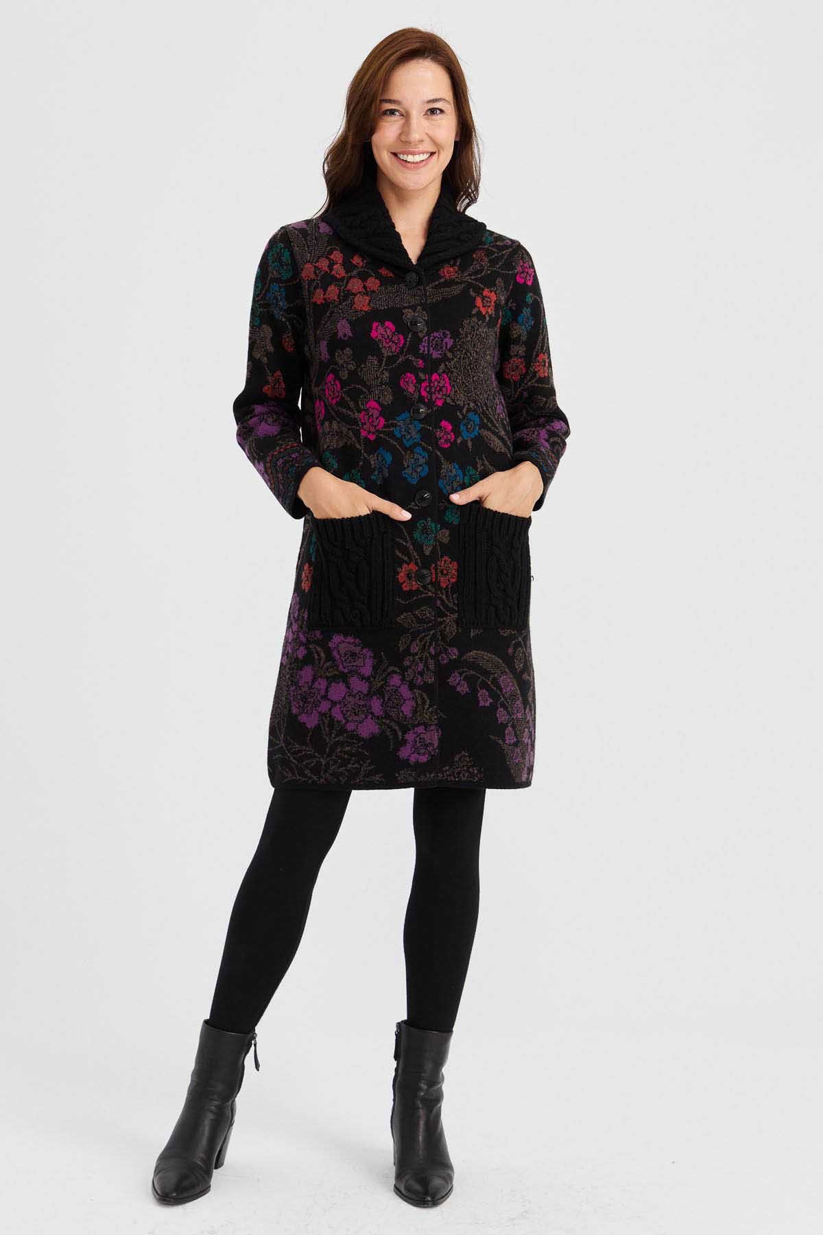 Desen Triko Kadın Dik Yaka Sarmaşık Çiçekli Uzun Yün Kaban 30189 Siyah - 2