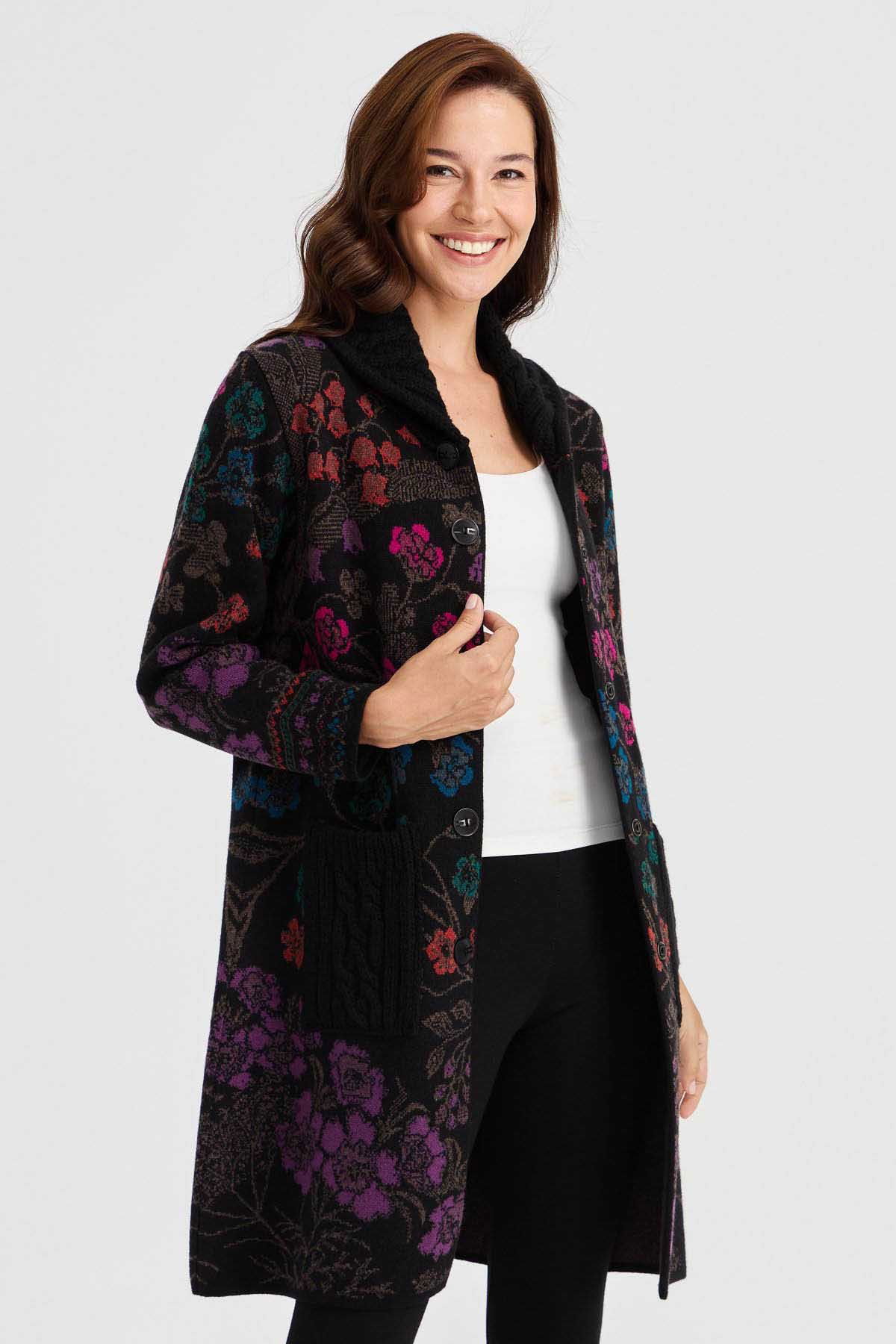 Desen Triko Kadın Dik Yaka Sarmaşık Çiçekli Uzun Yün Kaban 30189 Siyah - 3